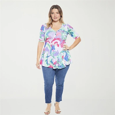 24seven Comfort Apparel Womens Plus Elbow Sleeve Relaxed Fit Henley Shirt