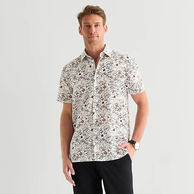 Stafford Linen Print Mens Short Sleeve Regular Fit Button-Down Shirt