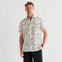 Stafford Linen Print Mens Short Sleeve Regular Fit Button-Down Shirt