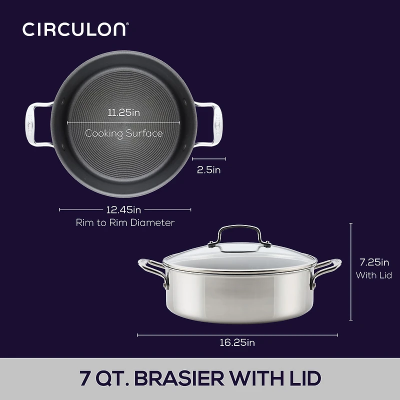 Circulon C1 Series Clad With Scratch Defense Technology Nonstick With Lid 7 Qt Non-Stick Stainless Steel Braising Pan