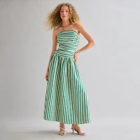 belle vie Womens Sleeveless Straight Neck Striped Midi Drop Waist Dress