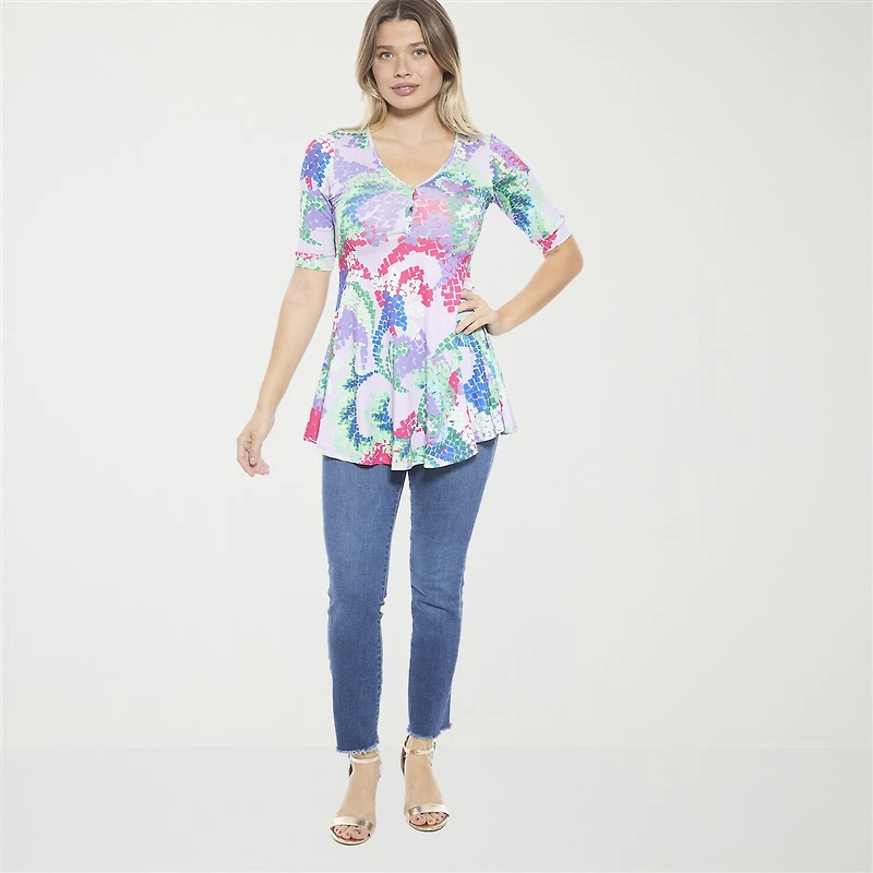 24seven Comfort Apparel Womens Elbow Sleeve Relaxed Fit Henley Shirt