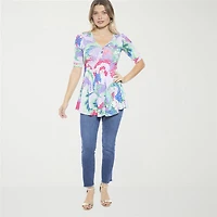 24seven Comfort Apparel Womens Elbow Sleeve Relaxed Fit Henley Shirt