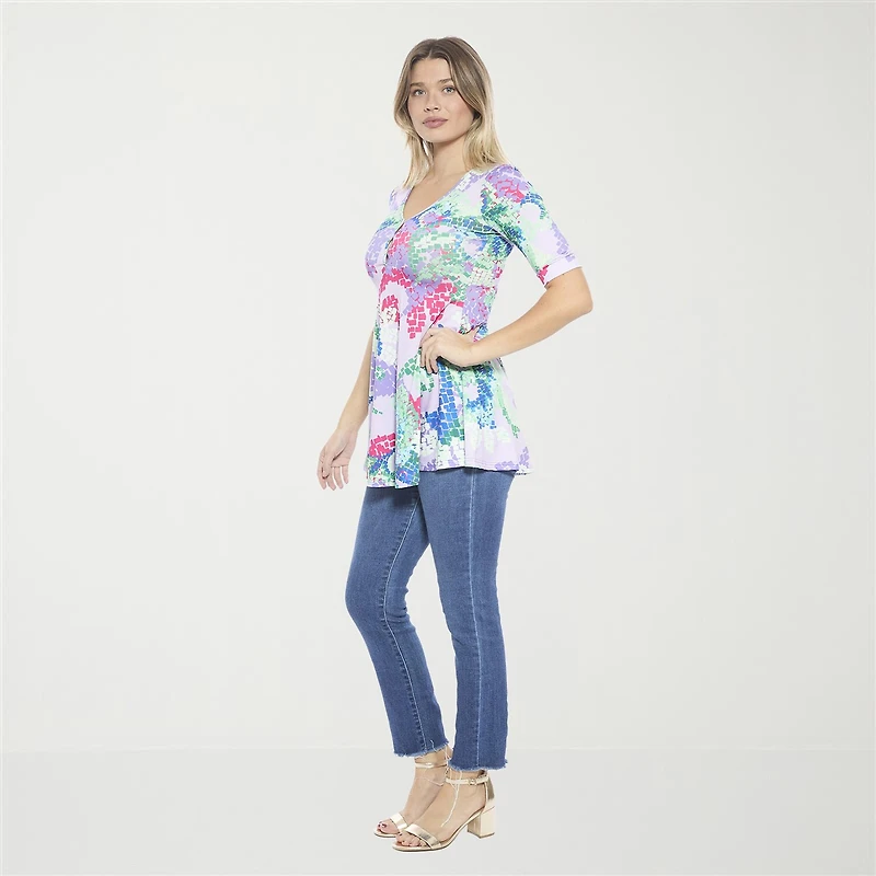 24seven Comfort Apparel Womens Elbow Sleeve Relaxed Fit Henley Shirt