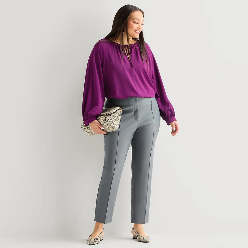Worthington Womens Plus Split Tie Neck Long Sleeve Blouse