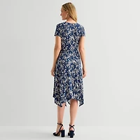 Perceptions Womens Midi V Neck Short Sleeve Floral Fit + Flare Dress