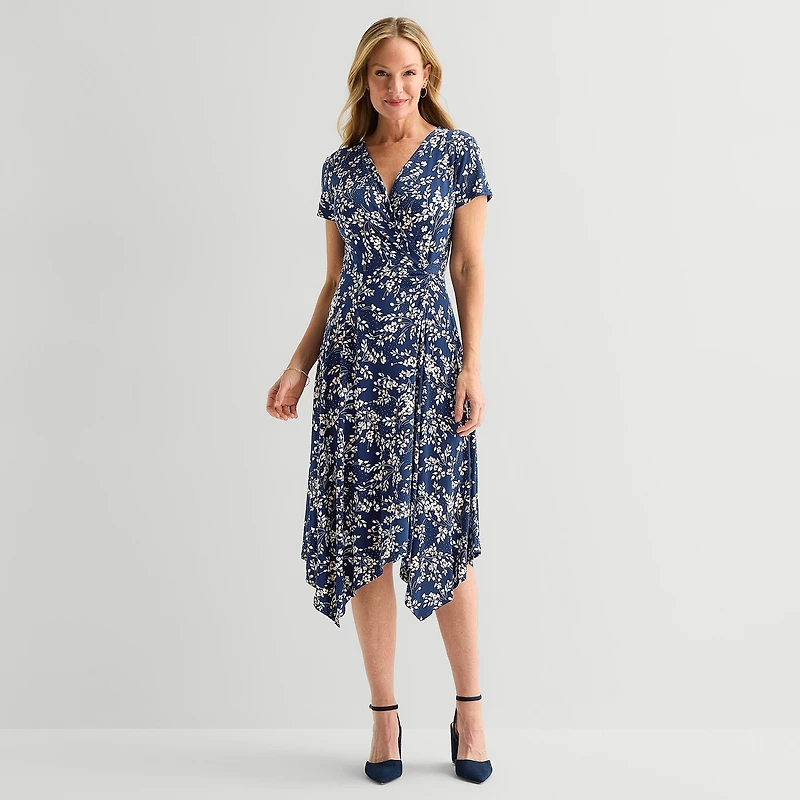 Perceptions Womens Midi V Neck Short Sleeve Floral Fit + Flare Dress