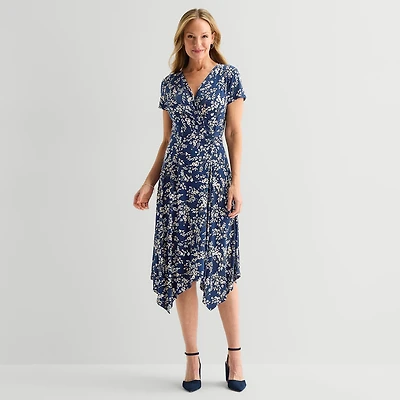 Perceptions Womens Midi V Neck Short Sleeve Floral Fit + Flare Dress
