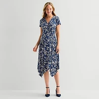 Perceptions Womens Midi V Neck Short Sleeve Floral Fit + Flare Dress