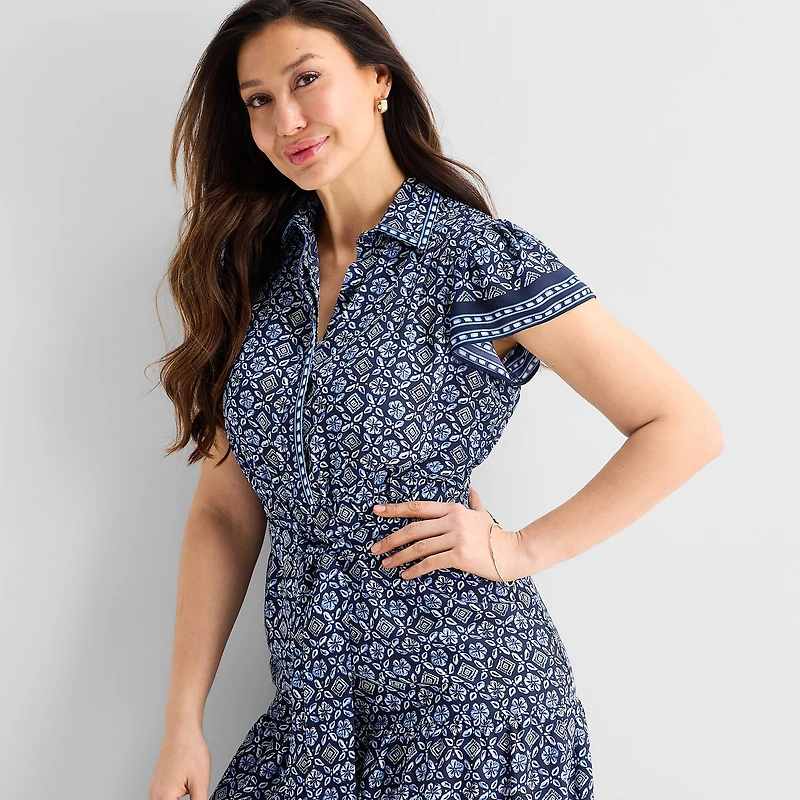 Perceptions Womens Midi Short Sleeve Flutter Geo Linear Fit + Flare Dress