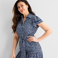 Perceptions Womens Midi Short Sleeve Flutter Geo Linear Fit + Flare Dress