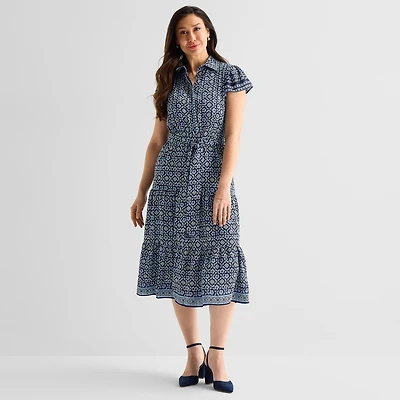 Perceptions Womens Midi Short Sleeve Flutter Geo Linear Fit + Flare Dress