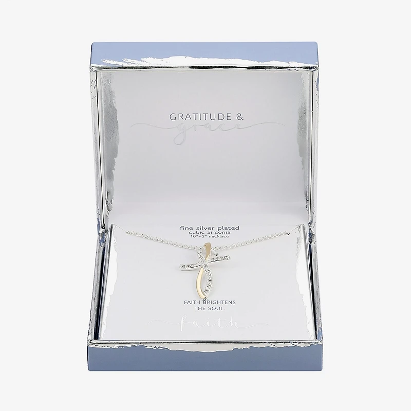 Gratitude & Grace Womens Cubic Zirconia Pure Silver Over Brass Cross 16 Inch Pendant Necklace