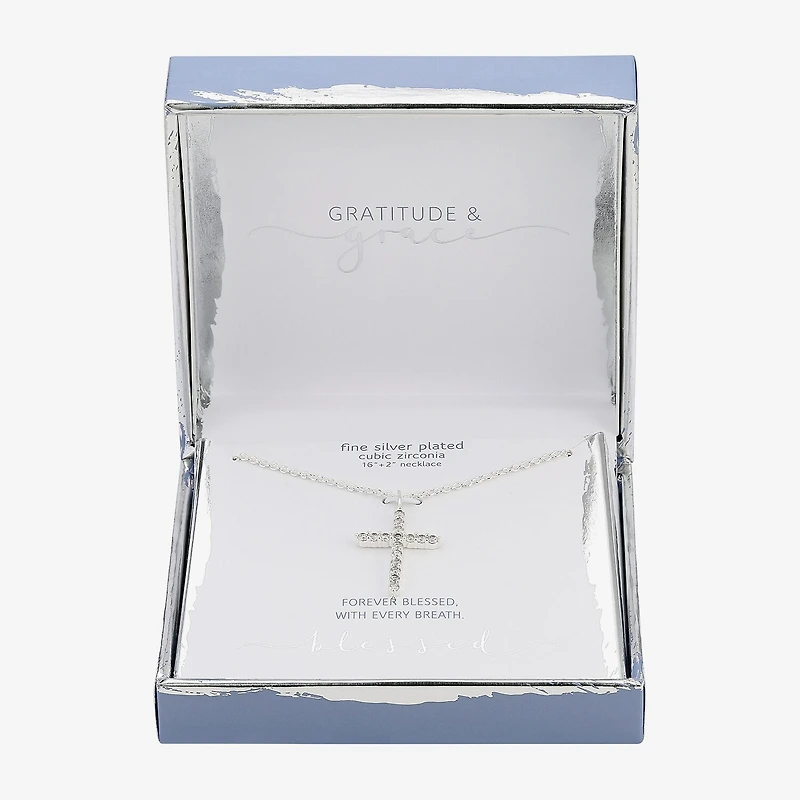 Gratitude & Grace Womens Cubic Zirconia Pure Silver Over Brass Cross 16 Inch Pendant Necklace