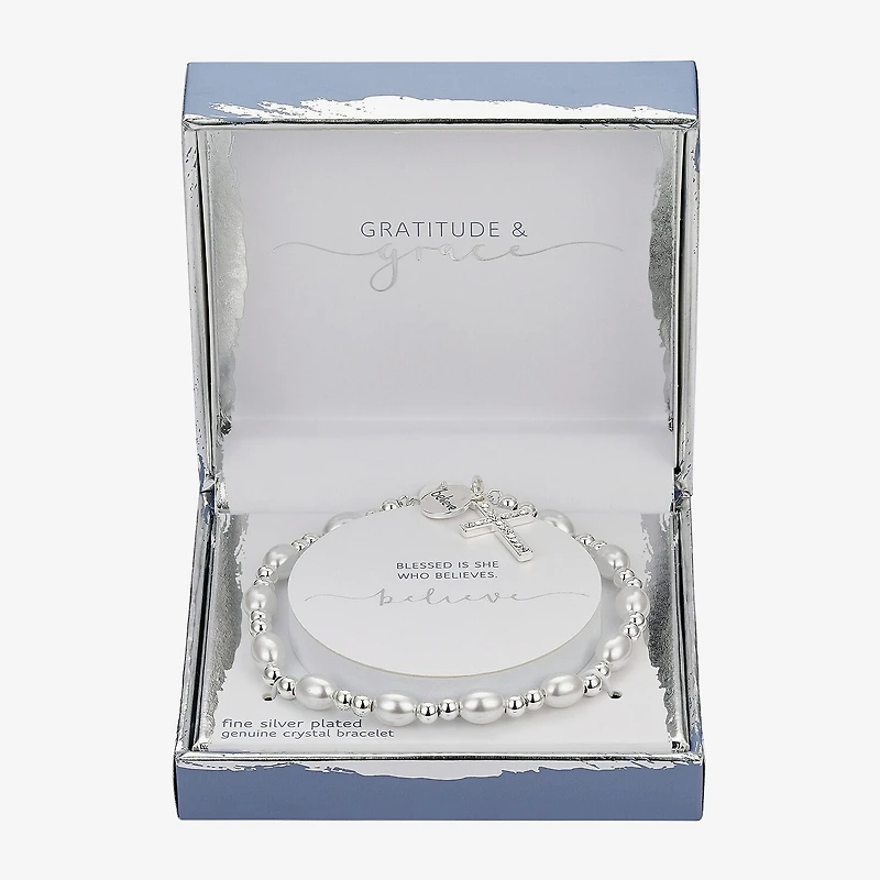 Gratitude & Grace Believe Womens Crystal Cross Beaded Bracelet