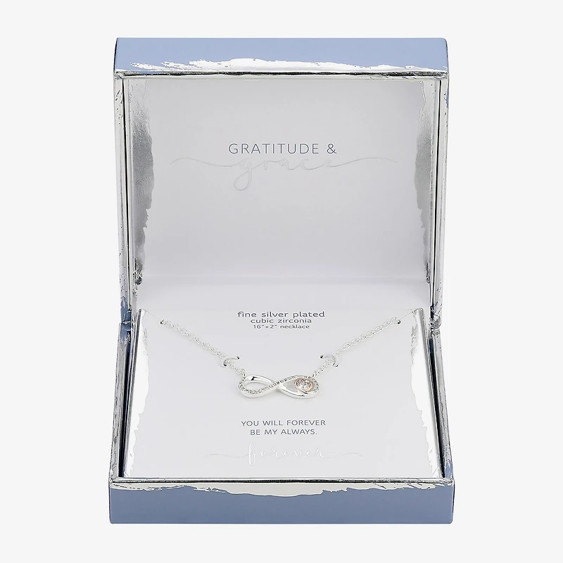 Gratitude & Grace Womens Cubic Zirconia Pure Silver Over Brass Heart Infinity 16 Inch Pendant Necklace