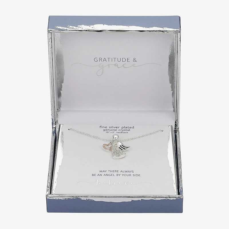Gratitude & Grace Womens Crystal Pure Silver Over Brass Angel Heart 16 Inch Pendant Necklace