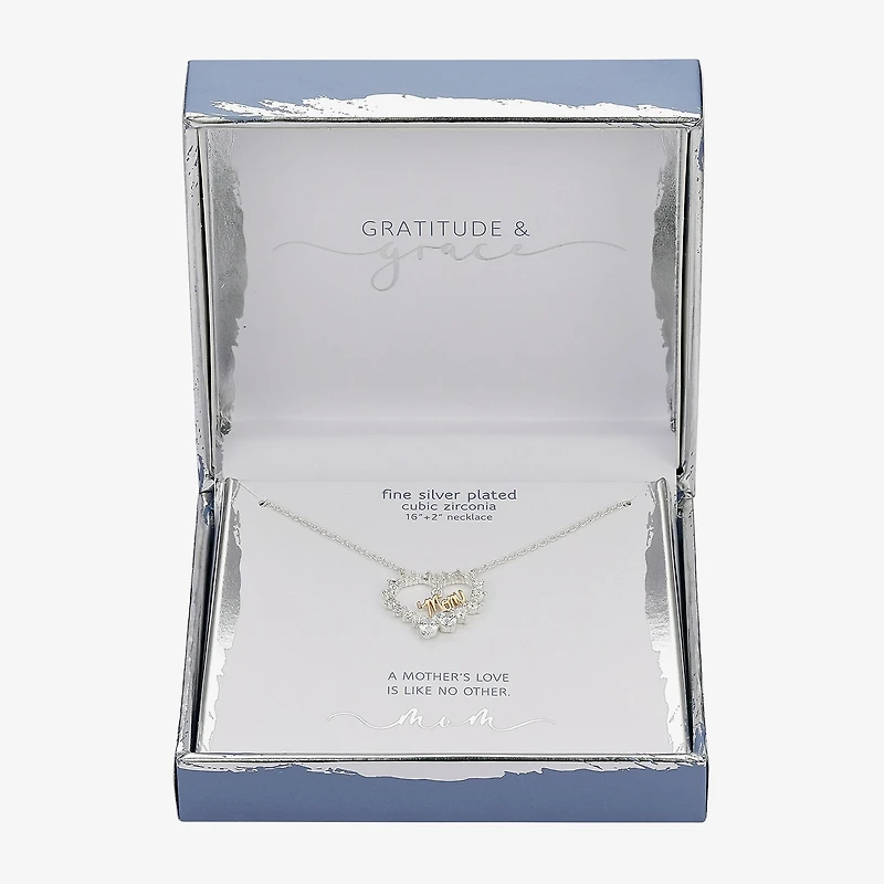 Gratitude & Grace Mom Womens Cubic Zirconia Pure Silver Over Brass Heart 16 Inch Pendant Necklace