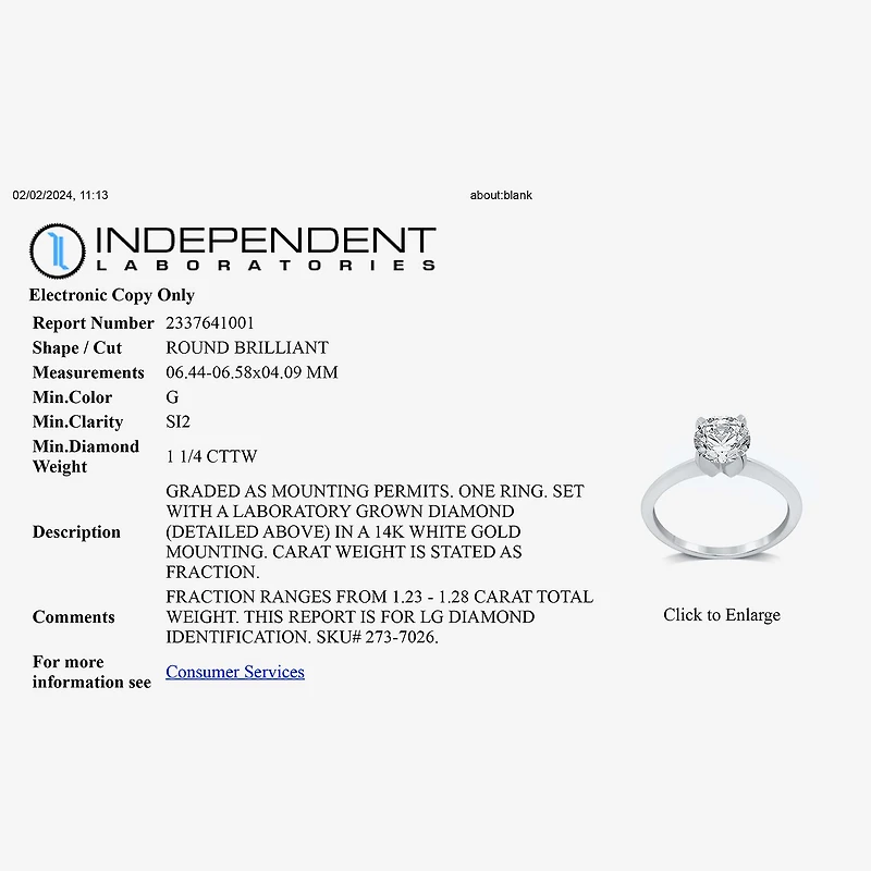 1 1/4 CT. Lab-Grown (G / SI2) Diamond Round Solitaire Engagement Ring 14k Gold