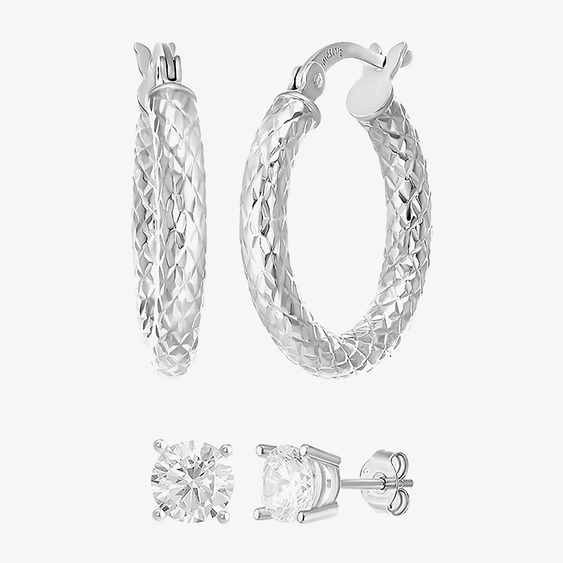 Womens Cubic Zirconia Sterling Silver Round Pair Earring Set