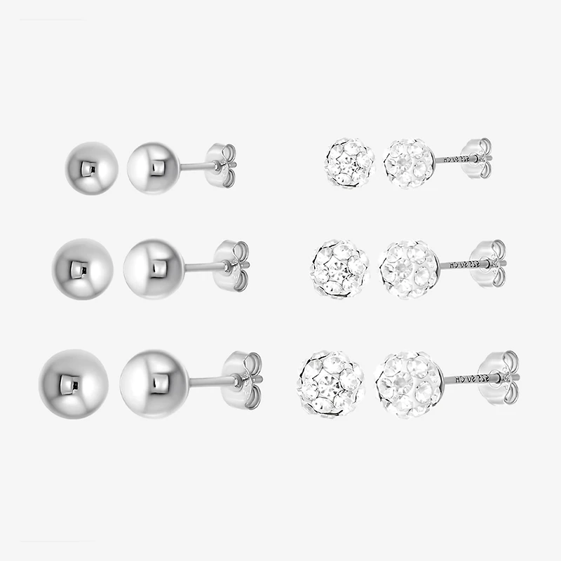 Womens White Crystal Sterling Silver Round 6 Pair Earring Set