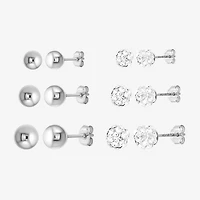 Womens White Crystal Sterling Silver Round 6 Pair Earring Set