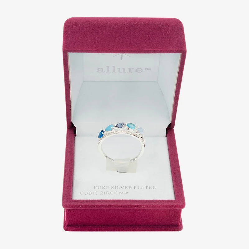 Sparkle Allure Faux Stacked Womens 2MM Blue Crystal Pure Silver Over Brass Pear 5-Stone Band