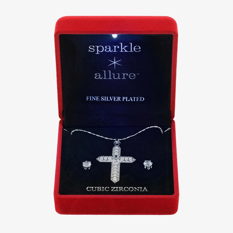 Sparkle Allure Light Up Box Womens Cubic Zirconia Simulated Pearl Pure Silver Over Brass Cross 2-pc. Jewelry Set