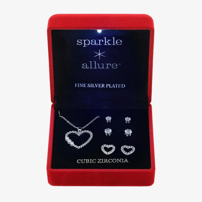 Sparkle Allure Light Up Box Womens Cubic Zirconia Simulated Pearl Pure Silver Over Brass Heart 4-pc. Jewelry Set