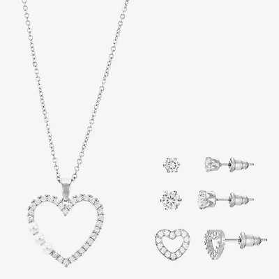 Sparkle Allure Light Up Box Womens Cubic Zirconia Simulated Pearl Pure Silver Over Brass Heart 4-pc. Jewelry Set