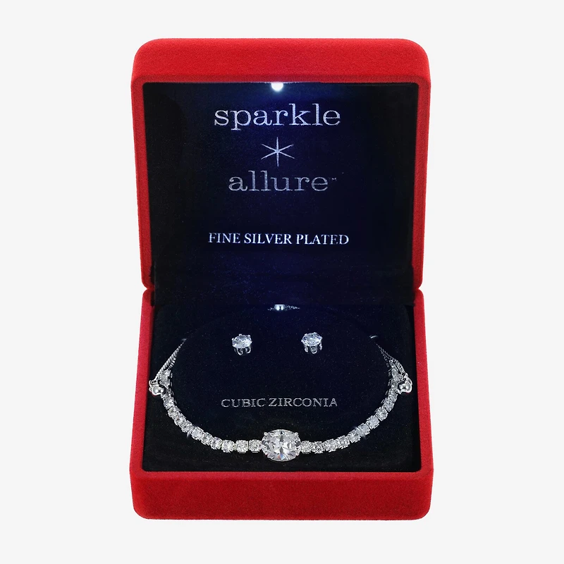 Sparkle Allure Light Up Box Womens Cubic Zirconia Pure Silver Over Brass Oval 2-pc. Jewelry Set