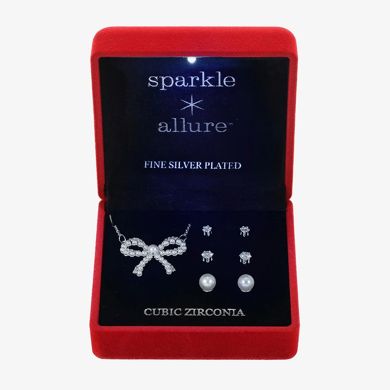 Sparkle Allure Light Up Box Womens Cubic Zirconia Simulated Pearl Pure Silver Over Brass Bow 4-pc. Jewelry Set