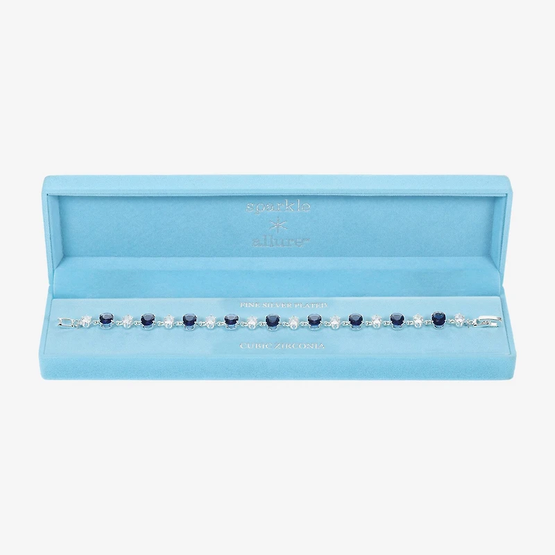 Sparkle Allure Womens Blue Cubic Zirconia Pure Silver Over Brass Oval 7.5 Inch Tennis Bracelet