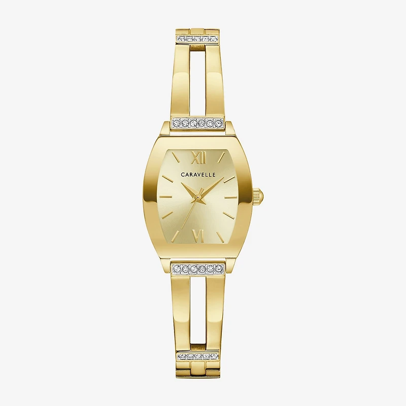 Caravelle Designed By Bulova Womens Crystal Accent Gold Tone Stainless Steel Bangle Watch 44l226