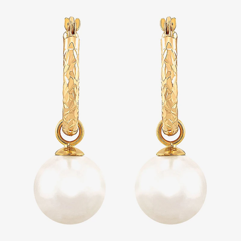 Womens White Cultured Freshwater Pearl 10K Gold 27.5mm Ball Hoop Earrings