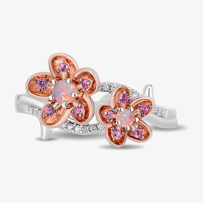 Enchanted Disney Fine Jewelry Womens Diamond Accent Genuine Red Rhodolite 14K Rose Gold Over Silver Two Tone Flower Princess Mulan Side Stone Bypass  Cocktail Ring
