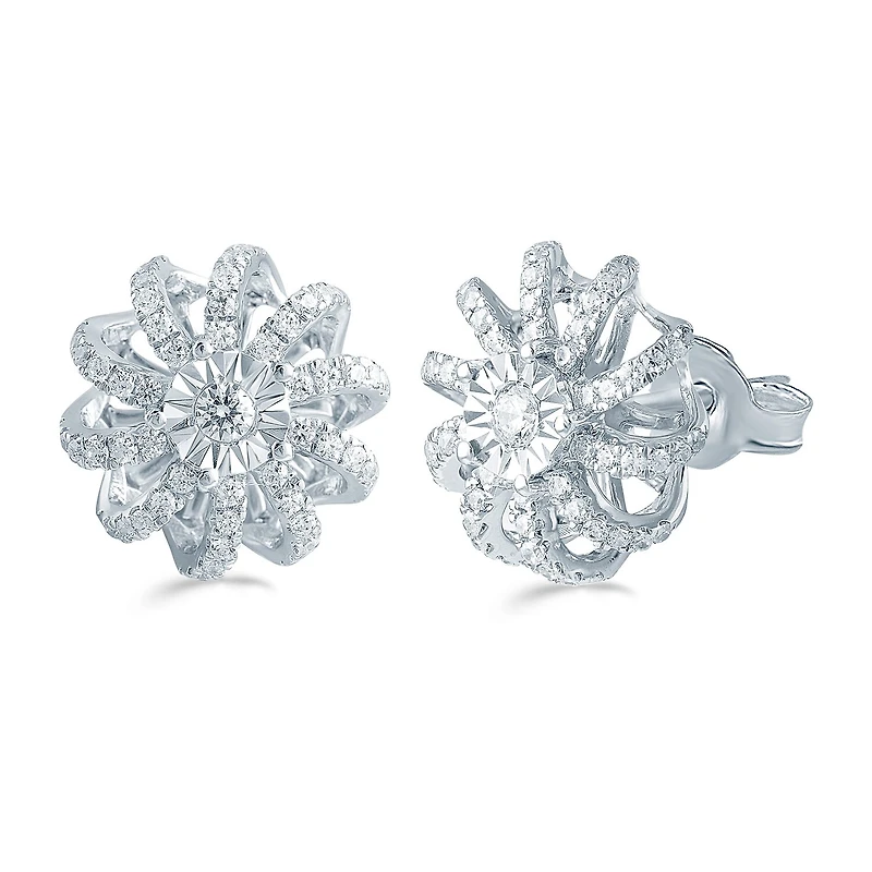1/ CT. T.W. Natural White Diamond Sterling Silver 11.9mm Flower Stud Earrings