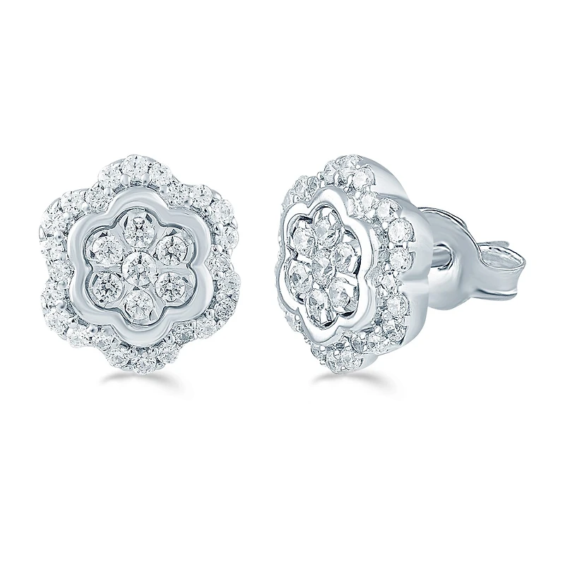 1/2 CT. T.W. Natural White Diamond Sterling Silver 10.2mm Flower Stud Earrings