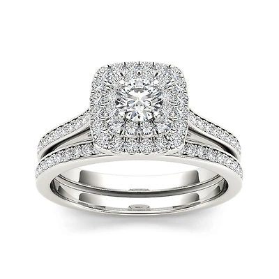 3/4 CT.T.W. Natural Diamond Halo 10K White Gold Bridal Ring Set
