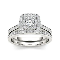 3/4 CT.T.W. Natural Diamond Halo 10K White Gold Bridal Ring Set