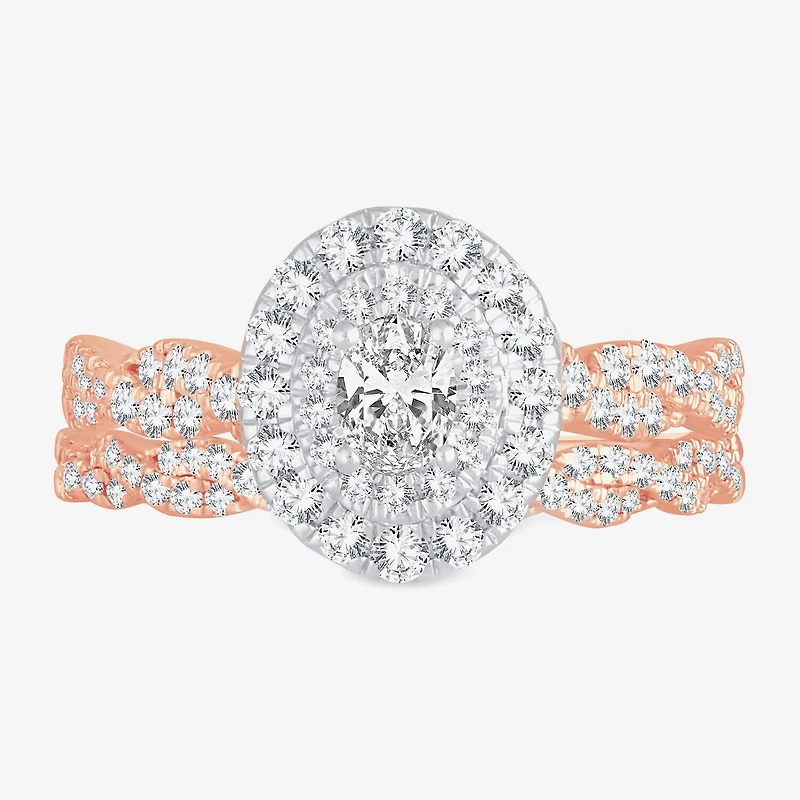 Signature By Modern Bride Womens 1 CT.T.W. Natural Diamond 10K or 14K Gold Oval Side Stone Halo Bridal Set