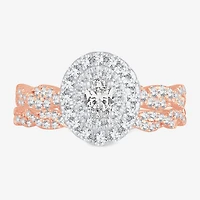 Signature By Modern Bride Womens 1 CT.T.W. Natural Diamond 10K or 14K Gold Oval Side Stone Halo Bridal Set