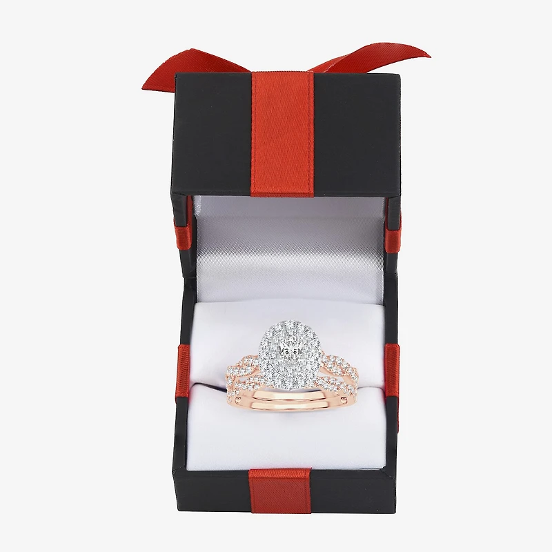 Signature By Modern Bride Womens 1 CT.T.W. Natural Diamond 10K or 14K Gold Oval Side Stone Halo Bridal Set