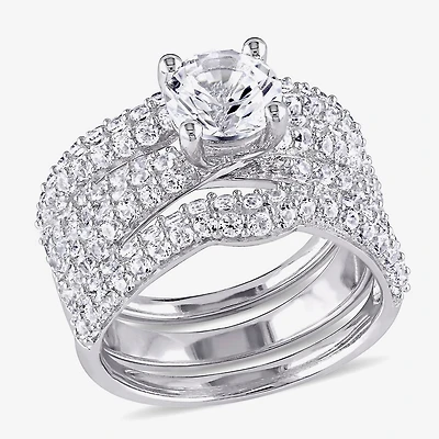 Modern Bride Gemstone Womens Lab Created White Sapphire Sterling Silver Round Bridal Set