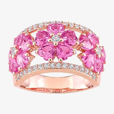 Womens Lab Created Pink Sapphire 18K Rose Gold Over Silver Heart Cocktail Ring
