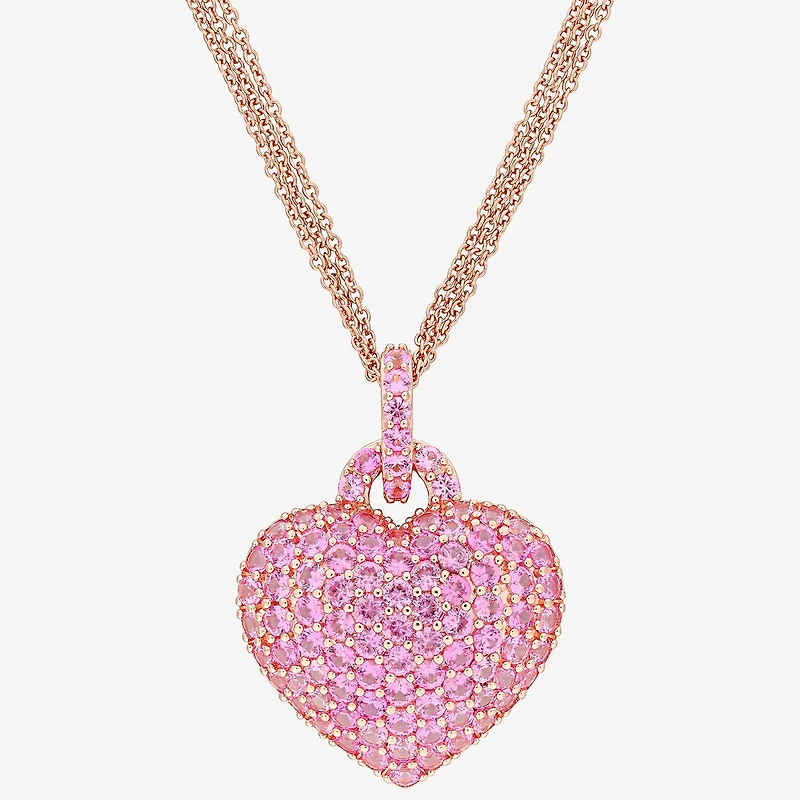 Womens Lab Created Pink Sapphire 18K Rose Gold Over Silver Heart 17 Inch Pendant Necklace
