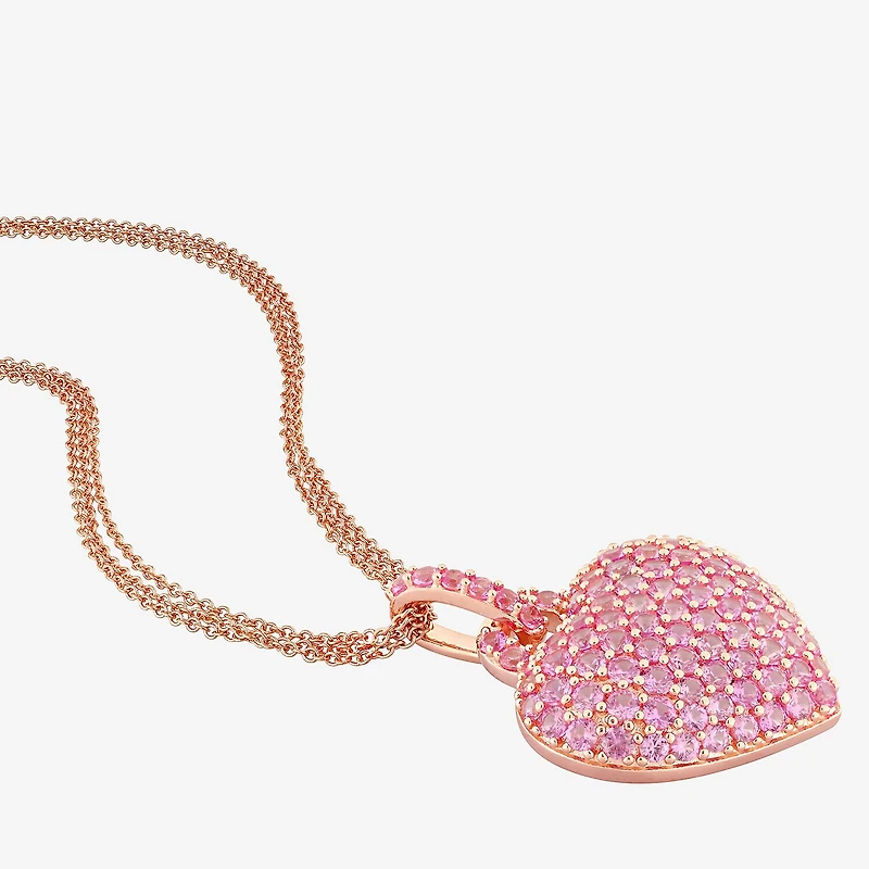 Womens Lab Created Pink Sapphire 18K Rose Gold Over Silver Heart 17 Inch Pendant Necklace