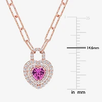 Womens Lab Created Pink Sapphire 18K Rose Gold Over Silver Heart 16 Inch Pendant Necklace