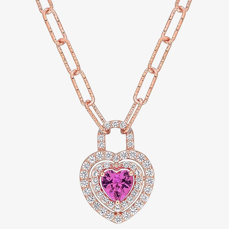 Womens Lab Created Pink Sapphire 18K Rose Gold Over Silver Heart 16 Inch Pendant Necklace
