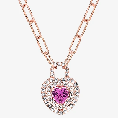 Womens Lab Created Pink Sapphire 18K Rose Gold Over Silver Heart 16 Inch Pendant Necklace
